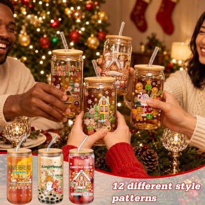 Teenyyou 12 Sets Christmas Glasses Cups with Bamboo Lid and Glass Straw, 16 oz Gingerbread Christmas Glass Jar Drinking Cups, Festive Snowman Elk Coffee Cup for Women Men Xmas Holiday Party Gifts - style: Gingerbread Man