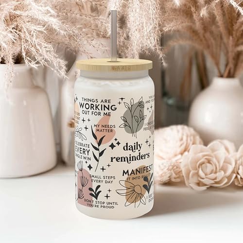 Daily Affirmation Iced Coffee Cup [Frosted], 16 oz Glass Cups with Bamboo Lids and Straws |Mason Jar Drinking & Glass Tumbler with Straw and Lid | Boba Cup, Beer Can for Mental Health - color: Clear