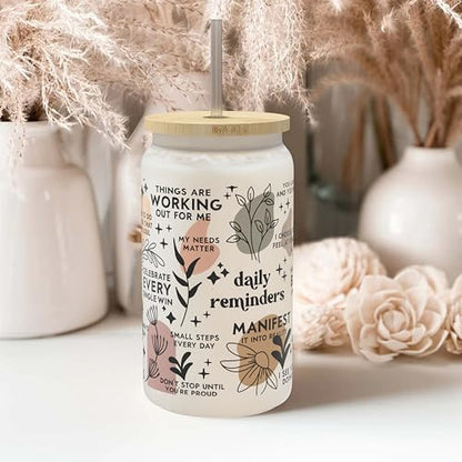 Daily Affirmation Iced Coffee Cup [Frosted], 16 oz Glass Cups with Bamboo Lids and Straws |Mason Jar Drinking & Glass Tumbler with Straw and Lid | Boba Cup, Beer Can for Mental Health - color: Clear
