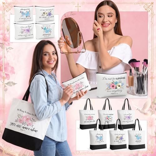 Aliceset 12 Pcs Christian Religious Gift for Women Bulk Included Bible Verse Canvas Tote Bag with Cosmetic Bag for Her Women Sister Mom Wife Birthday Mothers Day(Classic) - style: Classic