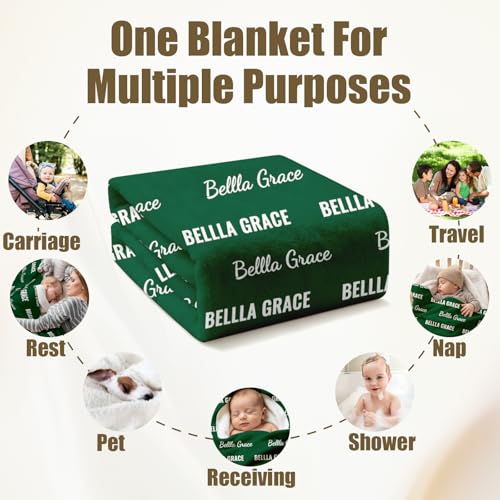 Ships Next Day, Personalized Baby Blanket with Name - Custom Newborn Hospital Swaddle Blanket, Super Soft Plush Flannel Baby Gift for Birth Announcement Shower Easter Gifts for Toddler Kids - color: Green