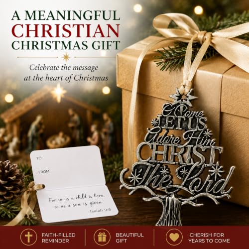 O Come Let Us Adore Him Christmas Ornament, Antique Silver Tone Christian Tree Ornament, Christ the Lord Religious Holiday Decoration, 3 Inch