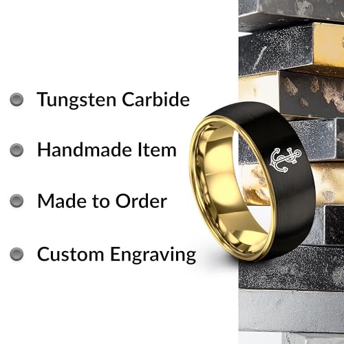 Gift for Nautical Fan - Anchor With Rope Ring - Men Women - Tungsten - Flat Dome Bevel - Band - Yellow Gold Black Silver Blue - Anniversary Wedding - 8mm - Brushed Polished - Personalized Custom Engra - color: 02 - Rose Gold Black Tungsten