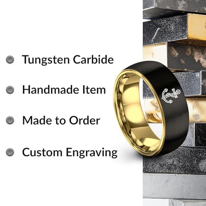 Gift for Nautical Fan - Anchor With Rope Ring - Men Women - Tungsten - Flat Dome Bevel - Band - Yellow Gold Black Silver Blue - Anniversary Wedding - 8mm - Brushed Polished - Personalized Custom Engra - color: 02 - Rose Gold Black Tungsten