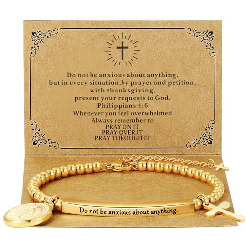 DS Women Christian Charm Bracelet,Cross Scripture Stainless Steel Jewelry - style: Do not be anxious about anything.-Gold