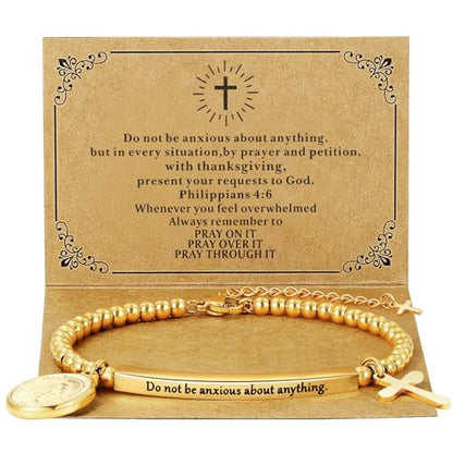 DS Women Christian Charm Bracelet,Cross Scripture Stainless Steel Jewelry - style: Do not be anxious about anything.-Gold