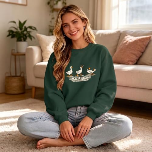 Silly Goose Christian Sweatshirts for Women Walking by Faith Tripping Constantly Sweatshirt Cute Graphic Crewneck - color: Green, size: XX-Large
