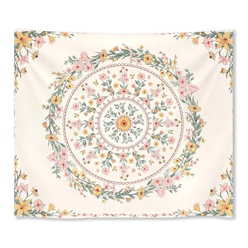 WIUHIO Bohemian Mandala Flower Tapestry Beige Pink Floral Aesthetic Wall Hanging Trendy Wildflower Medallion Print For Girly Apartment Wall Decor 50 x 60 inches - color: Beige, size: 60"L x 50"W