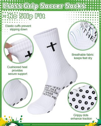 Chicingyou 12 Pairs Cross Grip Soccer Socks, Philippians 4:13 Bible Verse Christian Anti Slip Football Socks for Men Women - color: White
