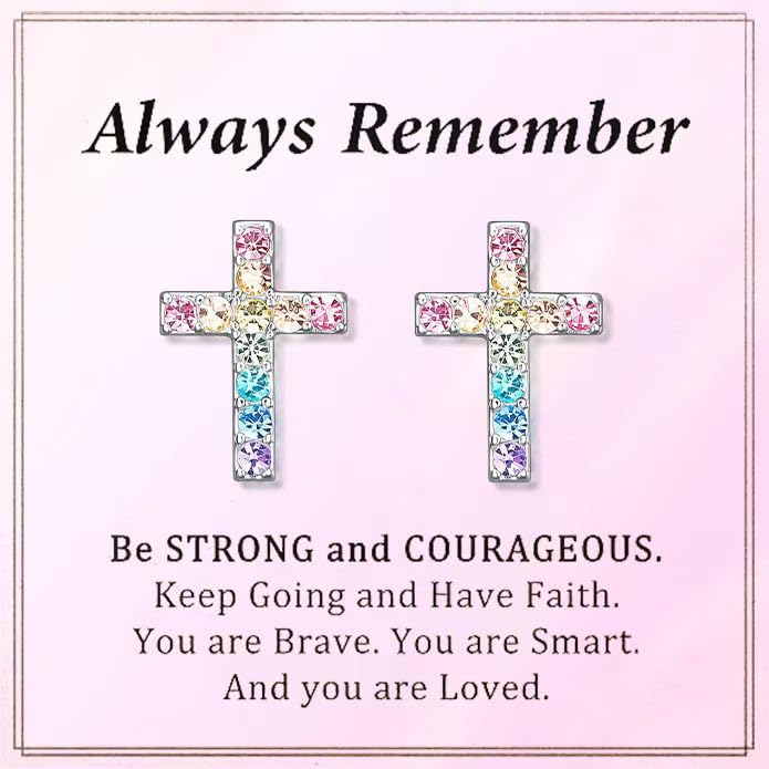 Cross Stud Earrings for Women,Cubic Zirconia Rainbow Cross Earrings Gifts Jewelry for Sensitive Ears,Communion Birthday Baptism Gifts for Girls - color: Always Remember