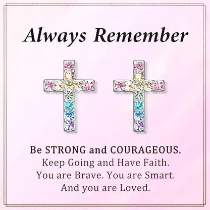 Cross Stud Earrings for Women,Cubic Zirconia Rainbow Cross Earrings Gifts Jewelry for Sensitive Ears,Communion Birthday Baptism Gifts for Girls - color: Always Remember