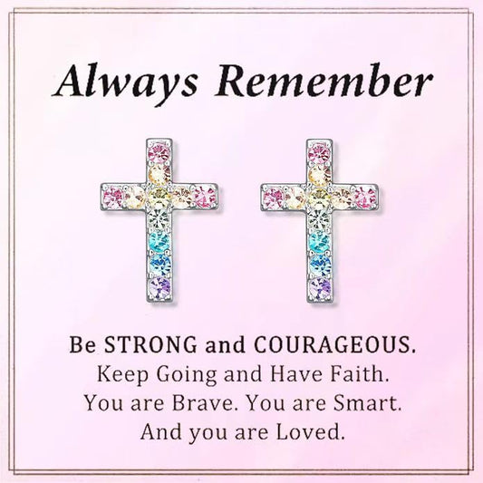 Cross Stud Earrings for Women,Cubic Zirconia Rainbow Cross Earrings Gifts Jewelry for Sensitive Ears,Communion Birthday Baptism Gifts for Girls - color: Always Remember