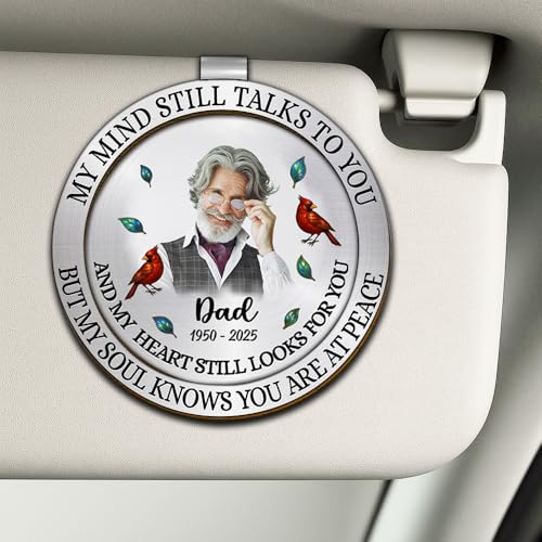 Personalized Memorial Car Visor Clip with Photo Frame – Custom in Memory Gift for Loss of Loved One for Mothers Fathers (My Mind Still Talks to You-Dad) - color: My Mind Still Talks to You-Dad