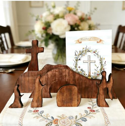 Christian Table Decor Empty Tomb Easter Scene and Cross Decoration for Home Decor, 7PCS Christian Nativity Sets & Figures Tabletop for Living Room, Console Table, Bookshelf, Tv Stand, Entryway
