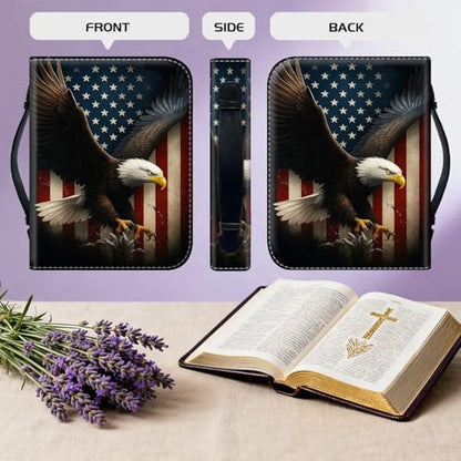 Bible Cover for Women Large PU Leather Zippered Bible Case with Handle and Bald Eagle USA Flag Design, Christian Bible Cover for Girls & Women, Cover Fits Standard 9.5"x7.5"x2.3" Bible - color: Bald Eagle Usa Flag