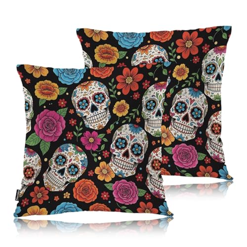 Swono Day of The Dead Throw Pillow Covers, Mexican Sugar Skulls Flowers Skeleton Set of 2 Pillow Cases Decorative 18 X 18 Inches Soft Cushion Cover Pillowcases for Bedroom Living Room Cushion Sofa - color: Day of the Dead, size: 18" x 18" (Pack of 2)