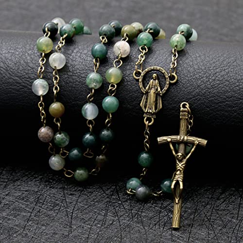 KOMI Rosary Beads Catholic for Women Gemstone Rosary Beads Necklace with Crucifix Cross Crystal Pearl Rosary Rosarios Catolicos Catholic Gifts - style: 6mm Agate Beads