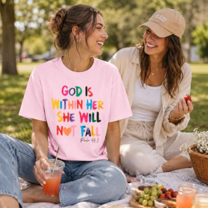 Sulayesh Christian Shirts for Women Jesus God is Within Her Tshirt Faith Inspirational Bible Verse Religious Graphic Tee Tops - color: Pink, size: Small