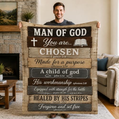 Man of God Blanket for Men, Christian Faith Gift, Bible Verse Throw - color: Rustic Wood