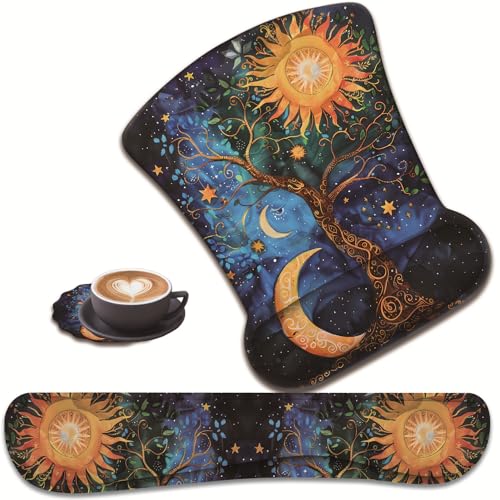 3 in 1 Keyboard Wrist Rest + Mouse Pad and Coaster, Ergonomic Gel Mouse Pad and Keyboard Pad Set, Comfortable Lightweight for Easy Typing Pain Relie, Sun Moon Stars - color: Sun Moon Stars