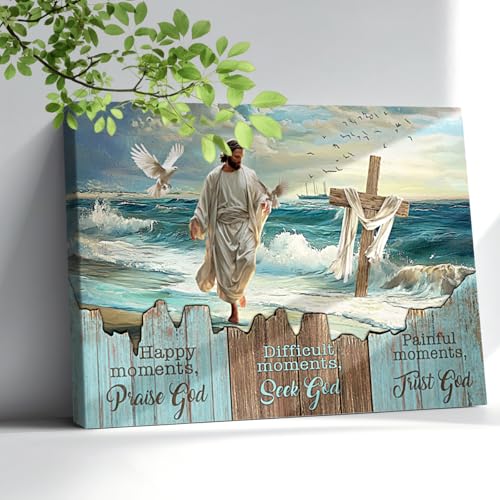 Farmhouse Christian Wall Art Rustic Bible Verse Wall Art Jesus Walking On The Beach Canvas Prints Framed Artwork Vintage Scripture Religious Gifts For Living Room Bedroom Home Decor 12"X16" - color: Jesus, size: 16"L x 12"W