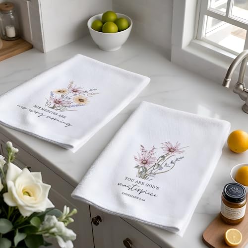 Spring Floral Kitchen Towels Set - Set of 4, Christian Bible Verse Gifts, Religious Kitchen Decor, Rustic Farmhouse Inspirational Spring Dishcloth for Bathroom Kitchen Decor, 16x24
