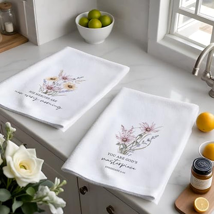 Spring Floral Kitchen Towels Set - Set of 4, Christian Bible Verse Gifts, Religious Kitchen Decor, Rustic Farmhouse Inspirational Spring Dishcloth for Bathroom Kitchen Decor, 16x24