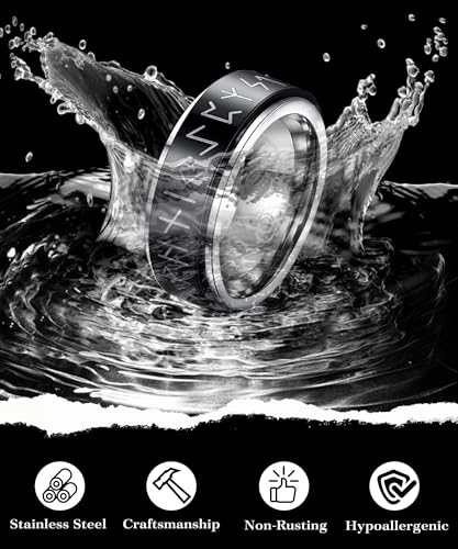 EIELO 12Pcs Mens Stainless Steel Rings Cool Silvery Black Band Ring for Men Women Spinner Chain Fidget Ring Simple Wedding Engagement Ring Set Size7-12
