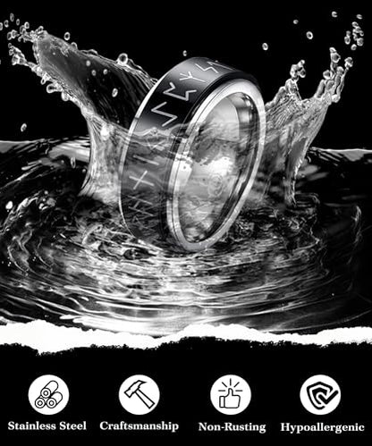 EIELO 12Pcs Mens Stainless Steel Rings Cool Silvery Black Band Ring for Men Women Spinner Chain Fidget Ring Simple Wedding Engagement Ring Set Size7-12