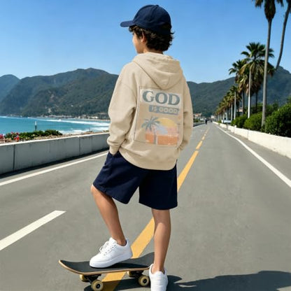 Fkatuzi Christian Graphic Hoodies For Boys Jesus God Is Good Hoodie Kids Faith Verse Bible God Religious Beach Pullover Tops - color: Apricot, size: 9-10 Years
