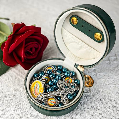 8mm Glass Pearl Catholic Rosary Necklace - Our Lady of Guadalupe Rosary Beads with Prayer Box, First Communion & Baptism Gift for Women and Men (La Rosa de Guadalupe) - color: Green