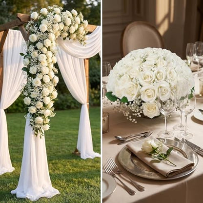 50 Pcs Artificial Rose Bouquet with Baby's Breath, Fake Silk White Roses Realistic Rose for Wedding Centerpieces Flower Arrangement Home Decor