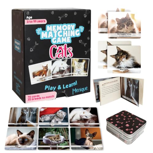Menique Cat Memory Game – 70 Cards with Real Photos of 35 Cat Breeds – Bilingual Matching Card Game with Fact Booklet – Great Boo Basket Stuffer & Halloween Favor - style: Cats