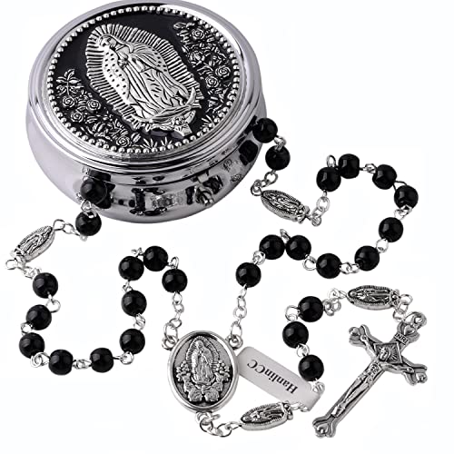 HanlinCC Guadalupe Catholic Rosary Glass Pearl Beads Necklace with Gift Box - color: Guadalupe Rosary Black