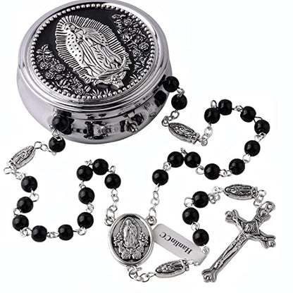 HanlinCC Guadalupe Catholic Rosary Glass Pearl Beads Necklace with Gift Box - color: Guadalupe Rosary Black