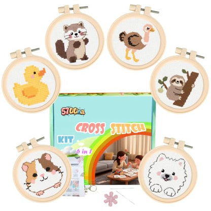 57lilina Easy Embroidery Kit for Kids Beginners, 6 Set Cute Stamped Pattern - color: Duck+Raccoon+Ostrich+Guinea Pig+Sloth+Samoyed