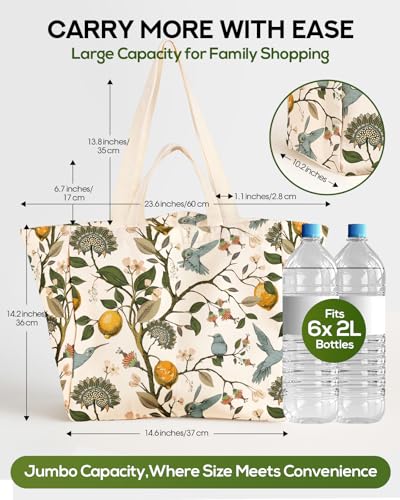 Miss Adola Extra Large Canvas Grocery Tote Bag - color: Lemon & Birds