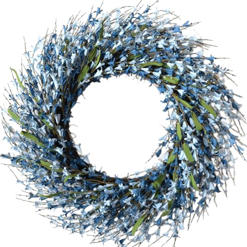 26 Inch Spring Wreaths for Front Door, Large Artificial Forsythia Flowers Wreath, Spring Summer Floral Wreath All Season for Home, Wall, Window, Porch, Wedding, Farmhouse Decor (Blue) - color: Blue