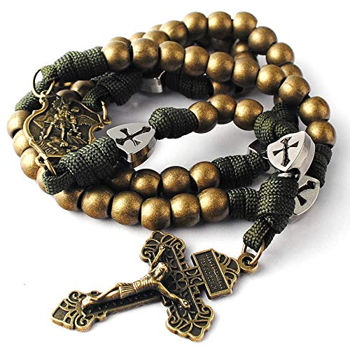 HanlinCC Catholic Rosary Paracord Large Metal Beads St.Michael Medal Men - style: Antique Bronze St.Michael Paracord Rosary