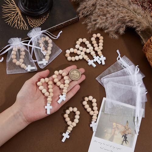 OLYCRAFT 36Pcs Wooden Rosary Beads with White Cross Pendant 3.7 Inch Long Wooden Finger Rosary Bead with Cross Classic Mini Rosaries and Mesh Bags Natural Wood Beads for Guests Party Favors - color: White Cross