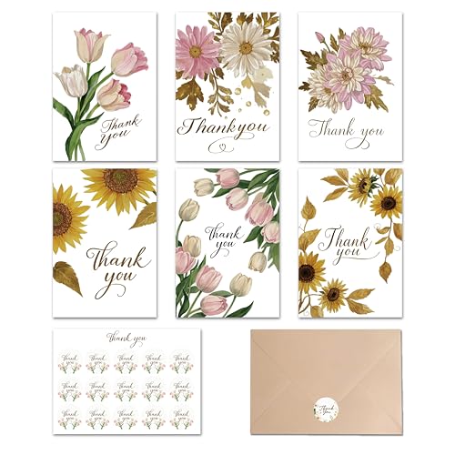 Thank You Cards with Envelopes - 24 Pack 6 Floral Designs Thank You Notes with Envelopes Set, Small Blank Thank You Cards (3.5x5in) for Weddings, Baby Showers & Business