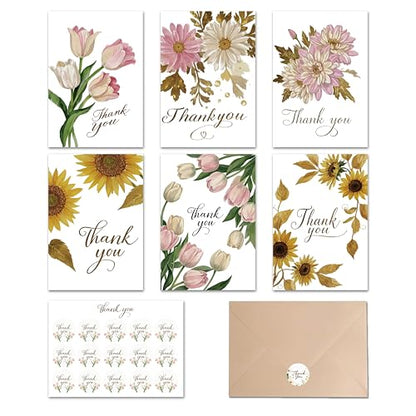 Thank You Cards with Envelopes - 24 Pack 6 Floral Designs Thank You Notes with Envelopes Set, Small Blank Thank You Cards (3.5x5in) for Weddings, Baby Showers & Business