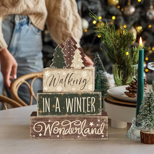 Britimes Tiered Tray Decor Set, 4 Pack, Wooden Sign, Christmas Farmhouse - style: Winter Tree
