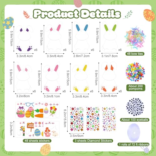Funrous 48 Sets Crafts Kit Paper Crafts DIY Make Your Own Hanging Ornaments with Pompoms Diamond Stickers for Holiday Classroom Activities Party Favors, Easter Bunny - style: Easter Bunny