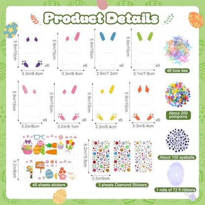 Funrous 48 Sets Crafts Kit Paper Crafts DIY Make Your Own Hanging Ornaments with Pompoms Diamond Stickers for Holiday Classroom Activities Party Favors, Easter Bunny - style: Easter Bunny