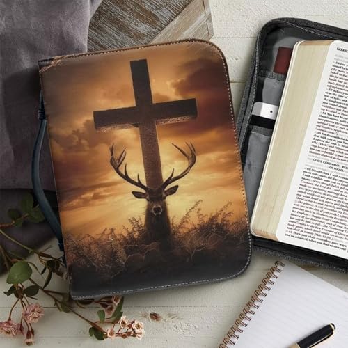 PU Bible Case, Bible Cover for Men,Bible Covers with Leather Bookmark Set,Brown Bible Carrying Case,Christian Gift,Deer Cross,Large - color: Deer Cross, size: Large