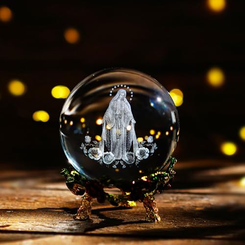 3D Cross Crystal Ball Religious Gift with Stand Christian Decor 2.3in - style: Virgin Mary
