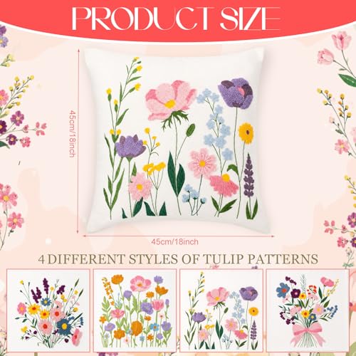 Mixweer 4 Pcs Wildflowers Pillow Covers Set, 18 x 18 Inch Embroidered Pillow Cases, Square Throw Cushion Cover for Couch Sofa Bed Home Decor - style: Wildflowers