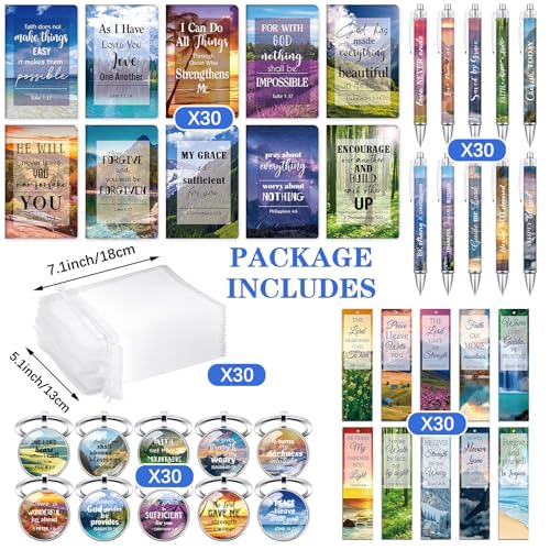 Jetec 150 Bible Verses Gift Set for 30 Christian Bookmarks 30 Scripture Ballpoint Pens 30 Christian Notebooks 30 Bible Verse Keychain 30 White Organza Bags for Women Men Office Church(Scenery) - style: Scenery