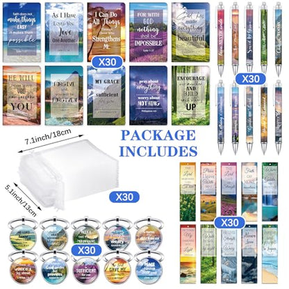Jetec 150 Bible Verses Gift Set for 30 Christian Bookmarks 30 Scripture Ballpoint Pens 30 Christian Notebooks 30 Bible Verse Keychain 30 White Organza Bags for Women Men Office Church(Scenery) - style: Scenery